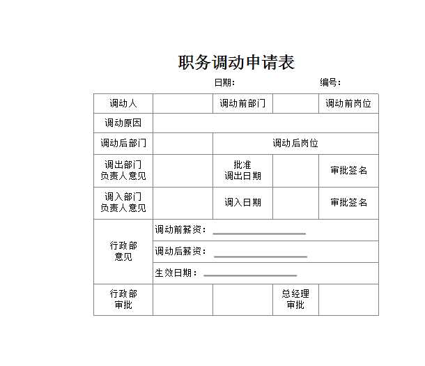 職務調動申請表 Excel模板