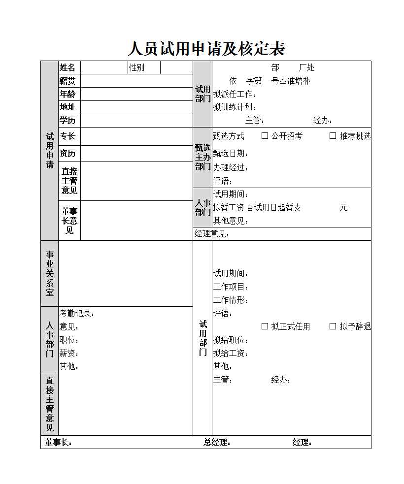 人員試用申請及核定表 Excel模板