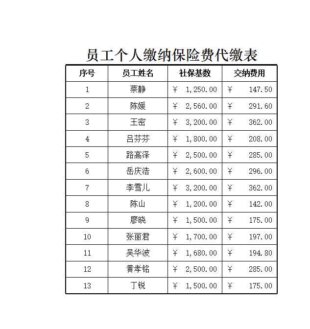 员工个人缴纳保险费代缴表 Excel模板_02