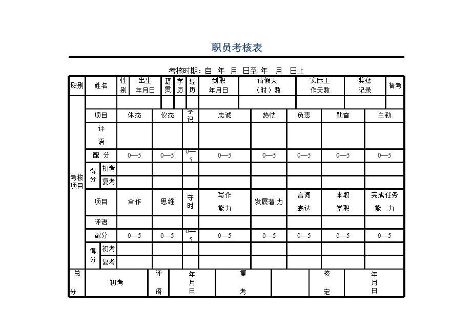 职员考核表 Excel模板