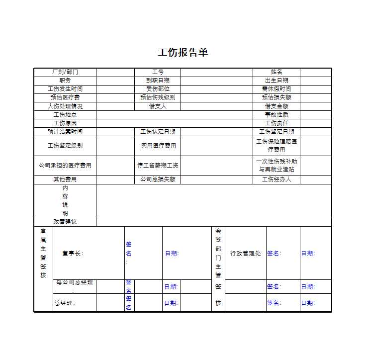 工傷報告單 Excel模板