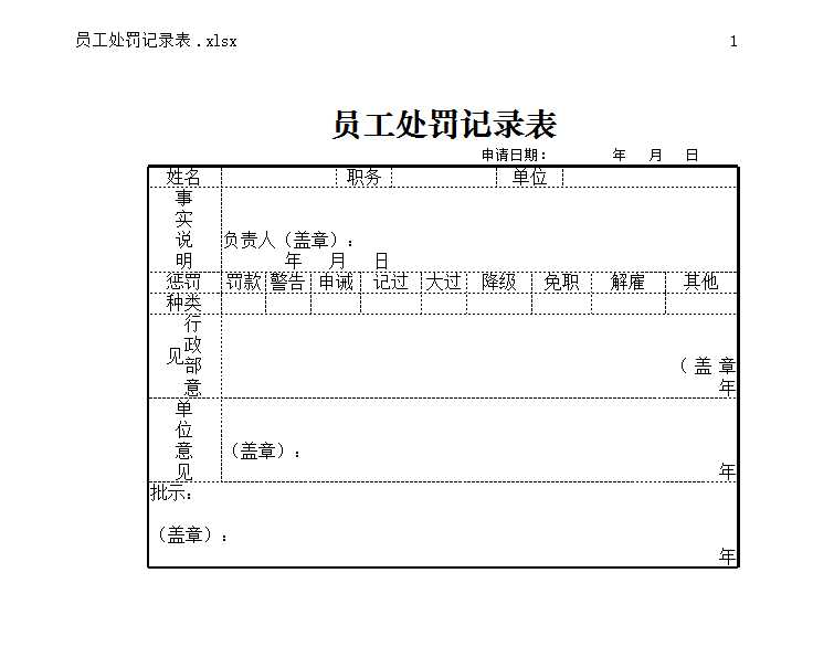 員工處罰記錄表 Excel模板