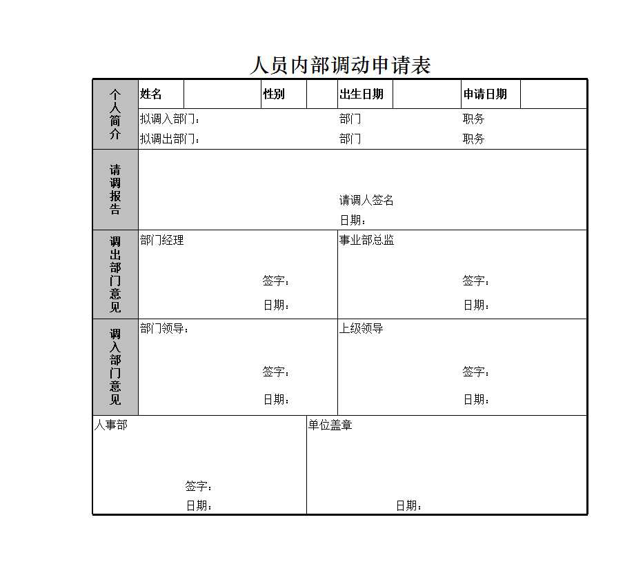 人员内部调动申请表 Excel模板