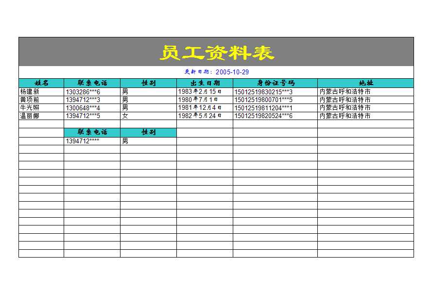 员工资料表 Excel模板