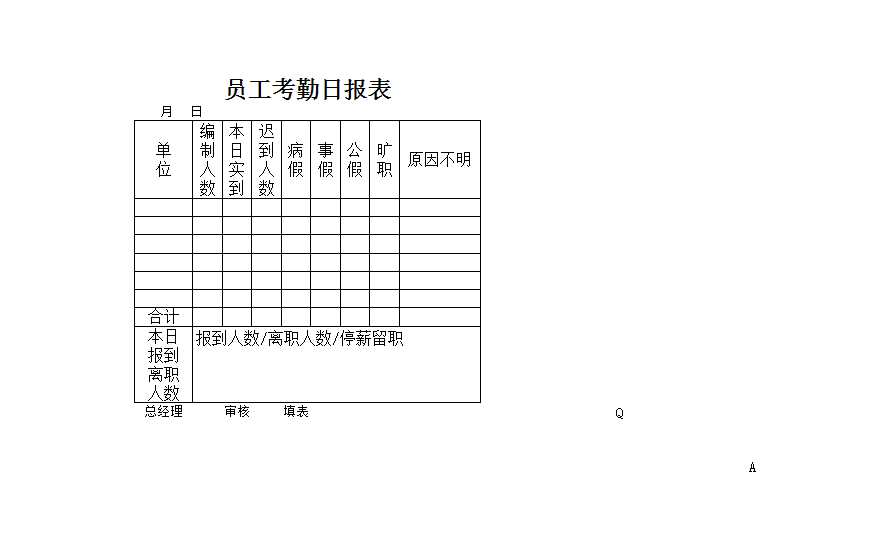 员工考勤日报表 Excel模板