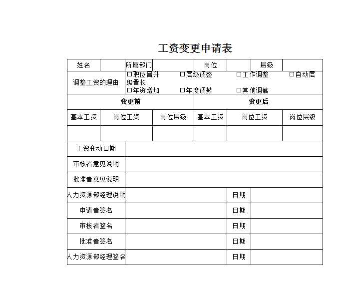 工資變更申請書 Excel模板