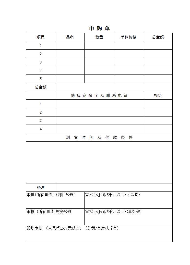 企业公司使用的申购单Excel模板