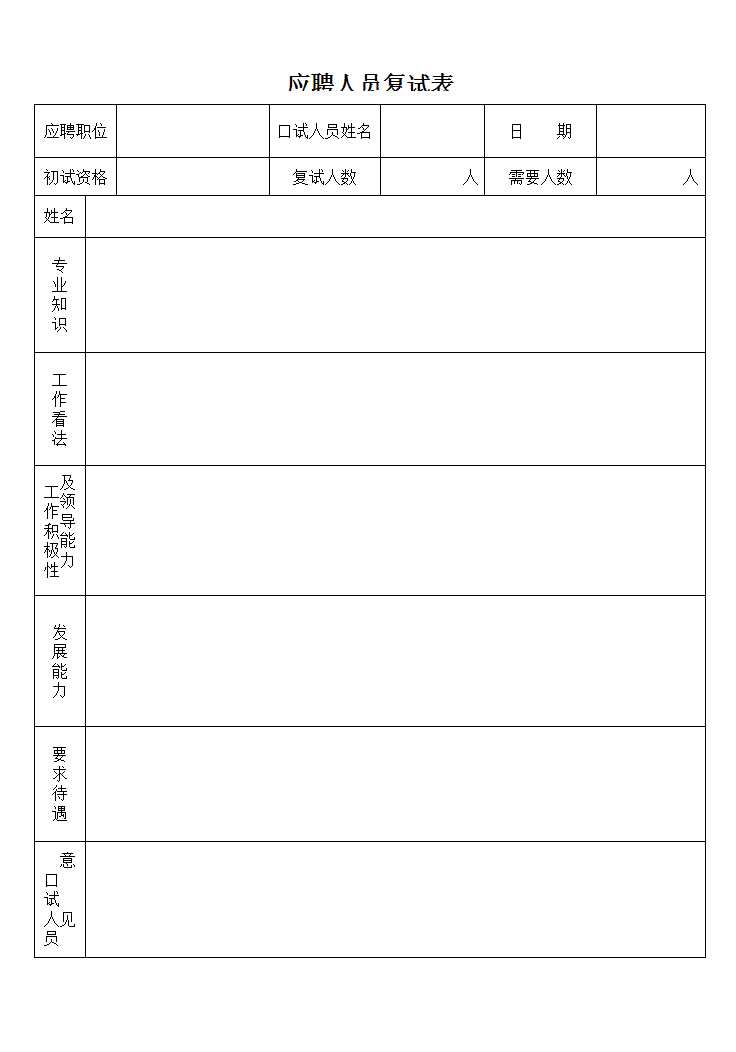 应聘人员复试表Excel模板