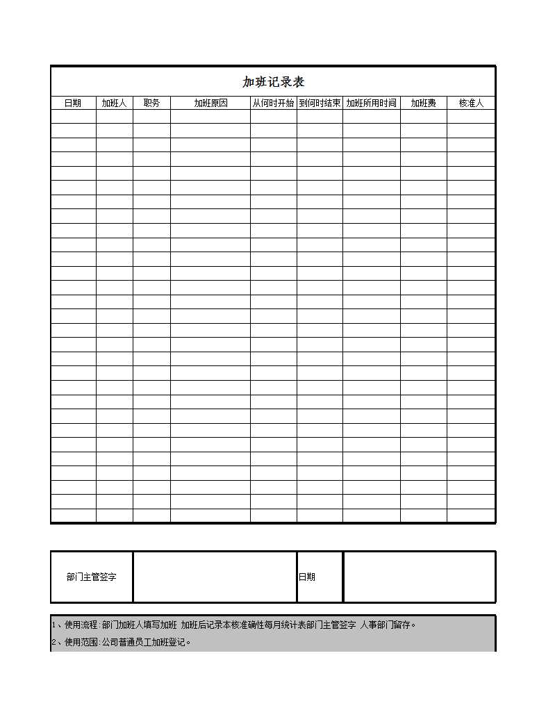 企業(yè)單位員工加班記錄表Excel模板