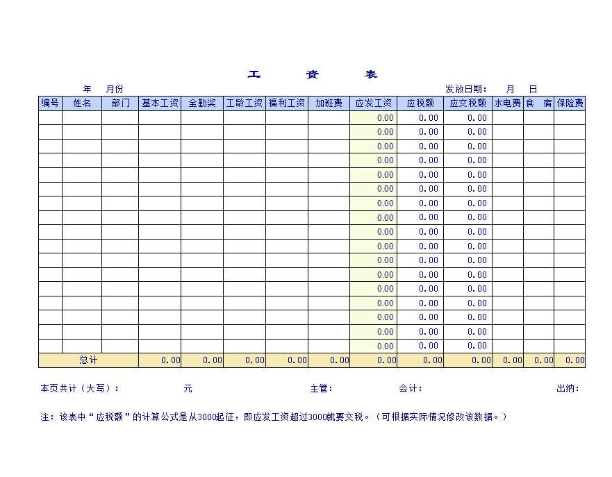 企業公司工資表下載Excel模板