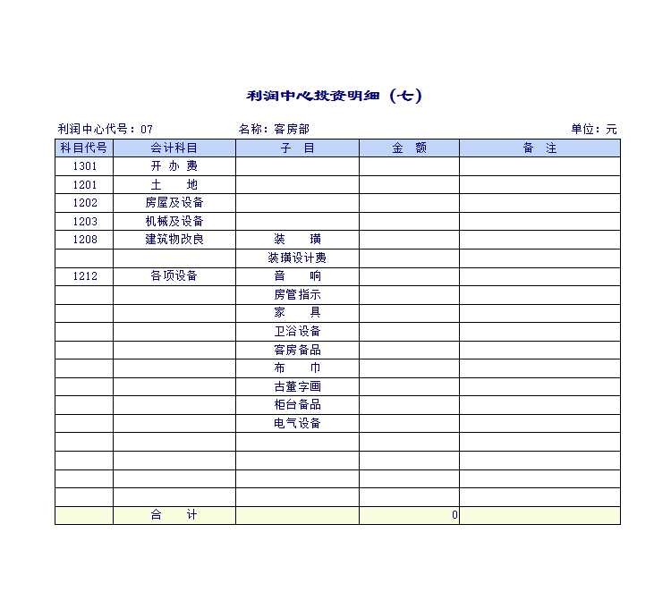 利润中心投资明细Excel模板_07