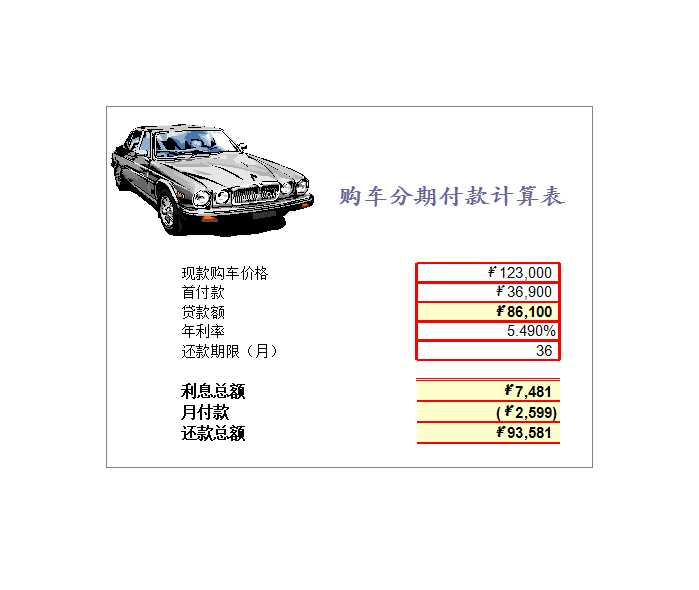 購車分期付款計算表Excel模板