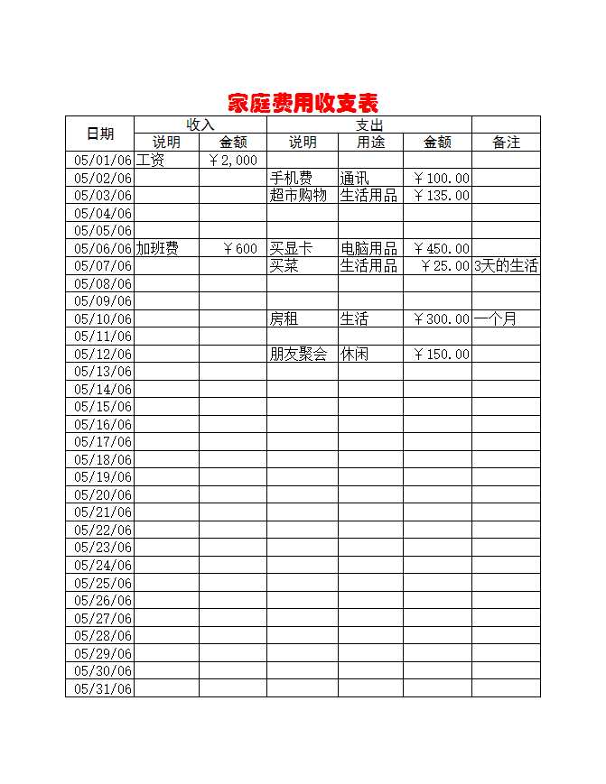 家庭费用收支表Excel模板