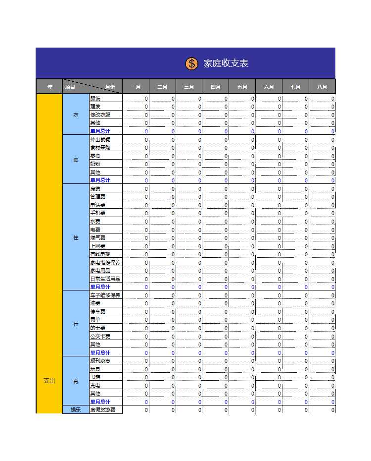 家庭收支表明细表-衣食住行-Excel图表Excel模板