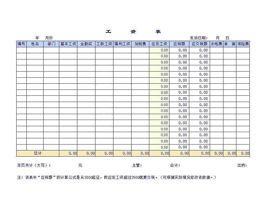 员工工资发放明细表Excel模板