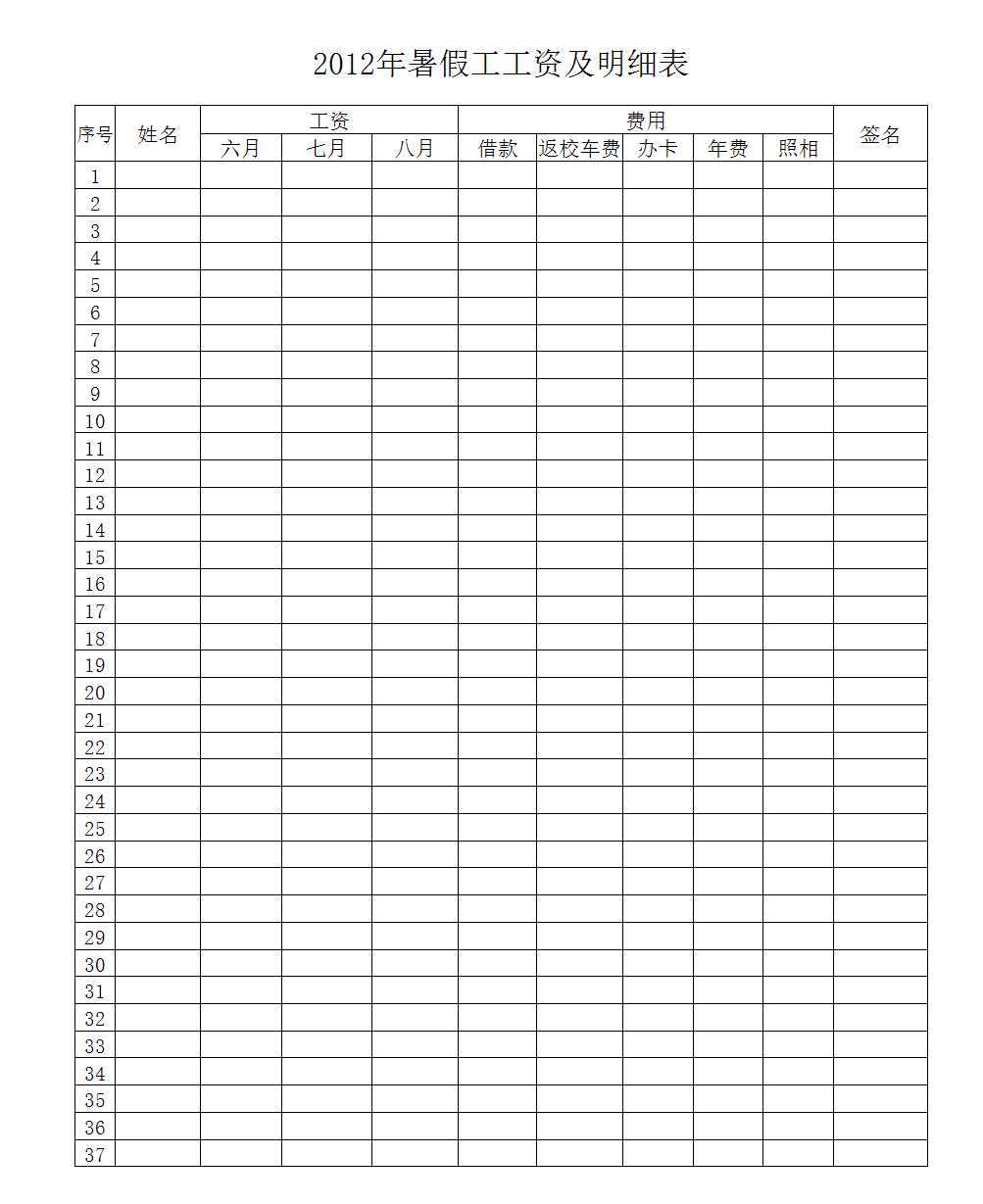 暑假工工資及費(fèi)用明細(xì)表Excel模板
